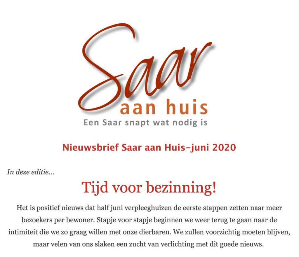 Saar aan Huis juni nieuwsbrief. Tijd voor bezinning.
